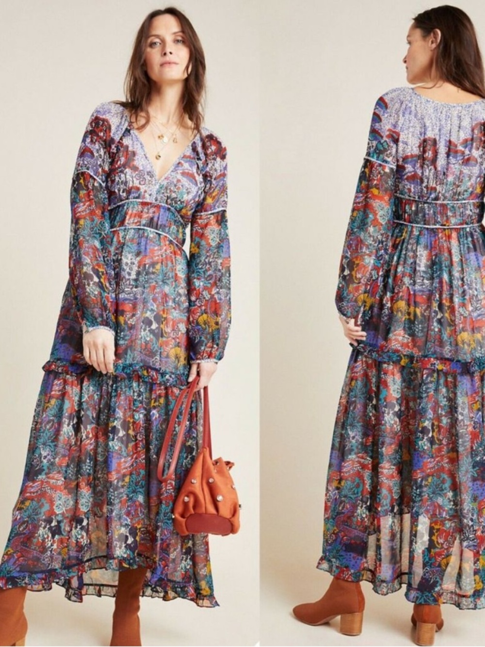 Anthropologie Maeve Multicolor Floral V-Neck Maxi Dress